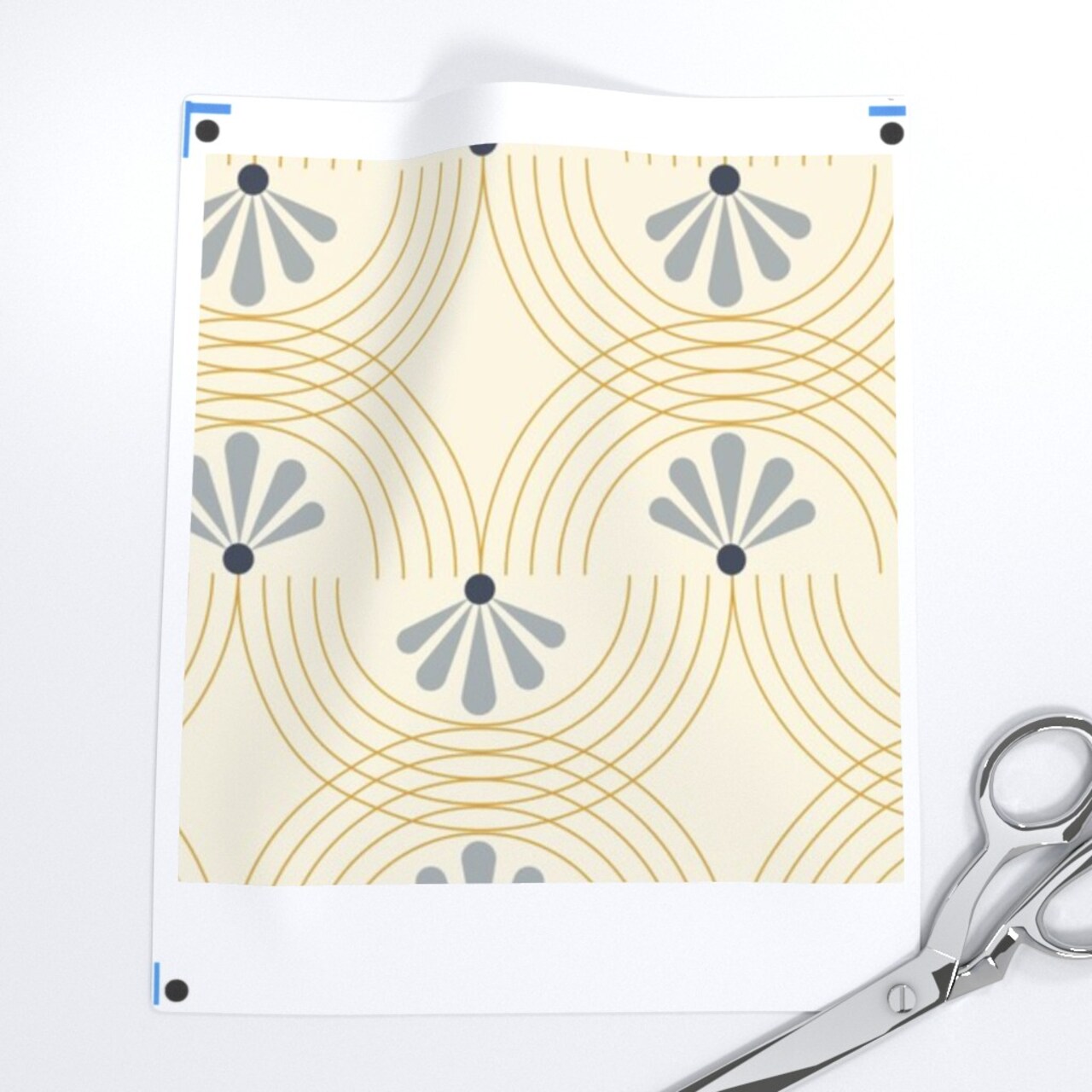 Retro Floral Yellow Swirls Blue Gray Deco Flowers Custom Removable Wallpaper by Spoonflower Peel & Stick Wallpaper 2FT Wide